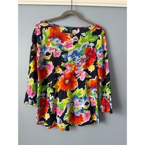Lauren Ralph Lauren Women's Floral Print 3/4 Sleeve 100% Linen Top Size Medium